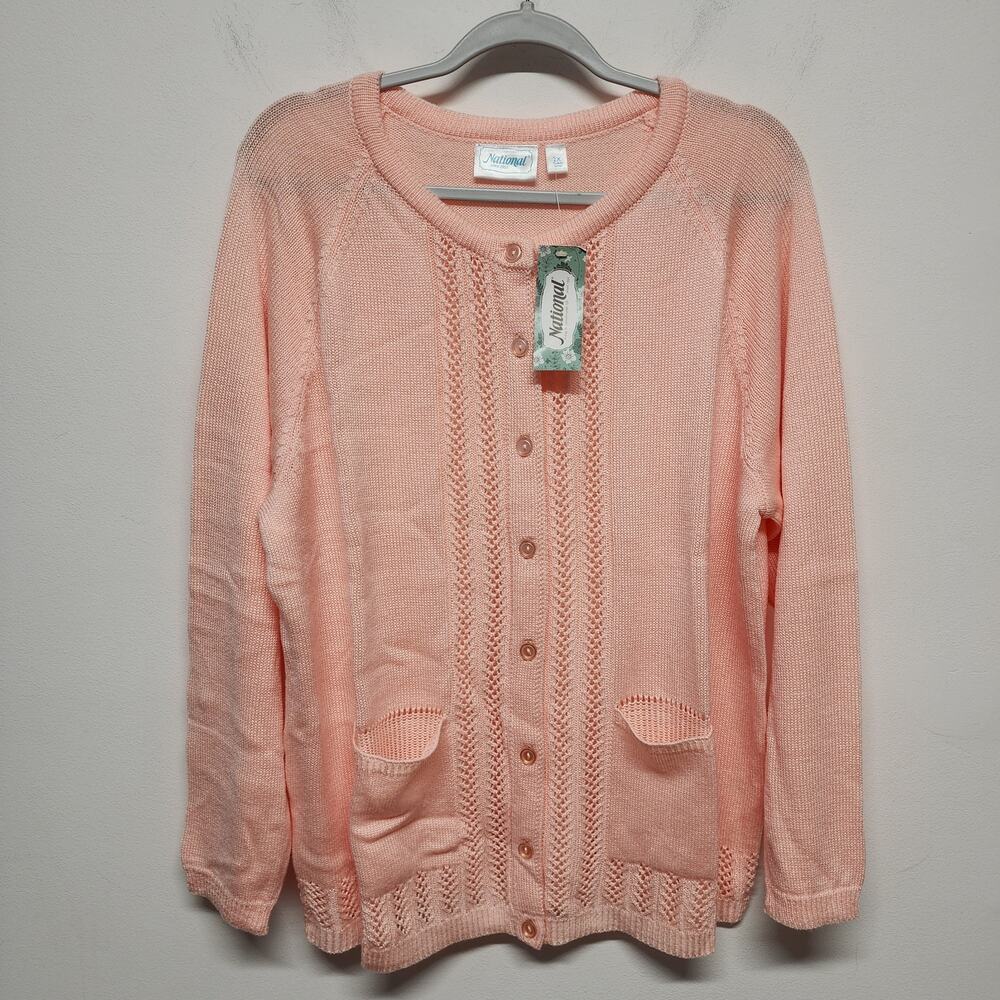National Womens Cardigan Sweater Size 2X Light Pink Cable Knit Granny Cottage